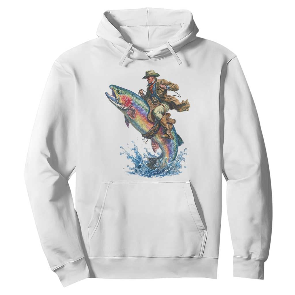 Vintage Cowboy Riding Rainbow Trout Hoodie Funny Fishing Western Rodeo TS14 White Print Your Wear