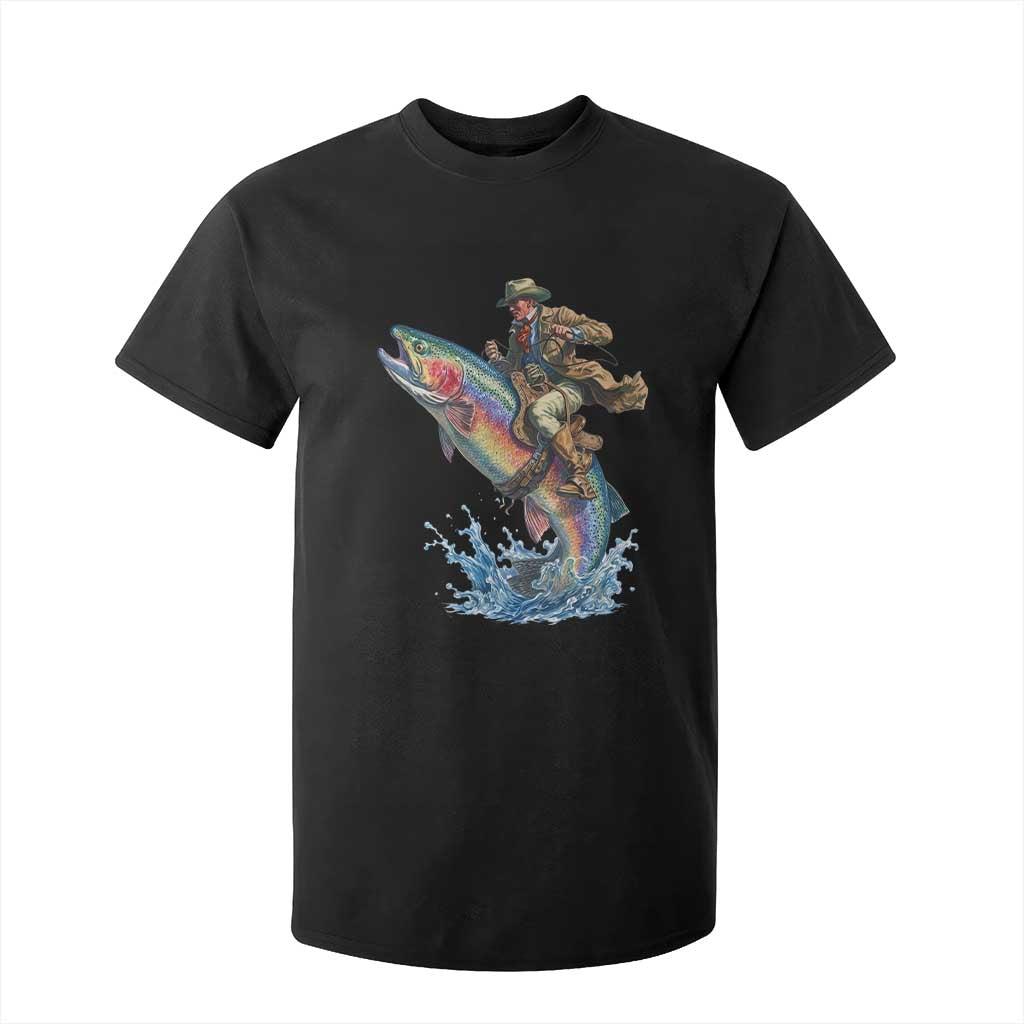 Vintage Cowboy Riding Rainbow Trout T Shirt For Kid Funny Fishing Western Rodeo TS14 Black Print Your Wear