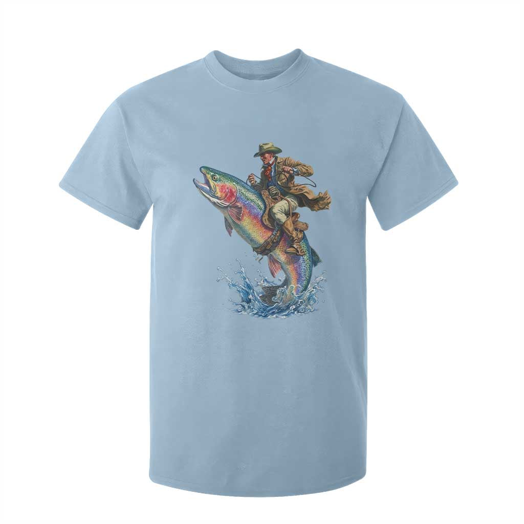 Vintage Cowboy Riding Rainbow Trout T Shirt For Kid Funny Fishing Western Rodeo TS14 Light Blue Print Your Wear