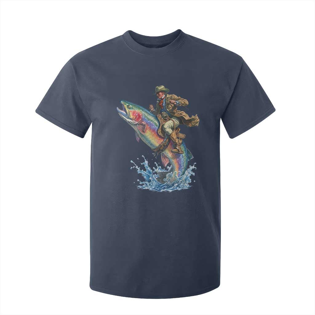 Vintage Cowboy Riding Rainbow Trout T Shirt For Kid Funny Fishing Western Rodeo TS14 Navy Print Your Wear