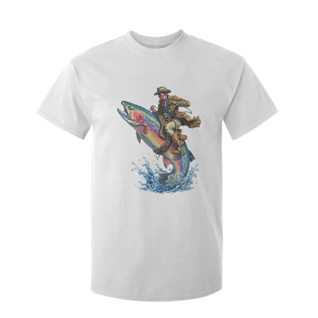 Vintage Cowboy Riding Rainbow Trout T Shirt For Kid Funny Fishing Western Rodeo TS14 White Print Your Wear