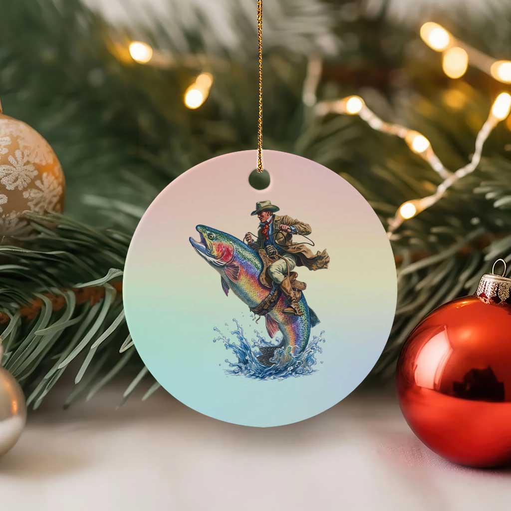 Vintage Cowboy Riding Rainbow Trout Ceramic Ornament Funny Fishing Western Rodeo TS14 1pc Pastel Print Your Wear