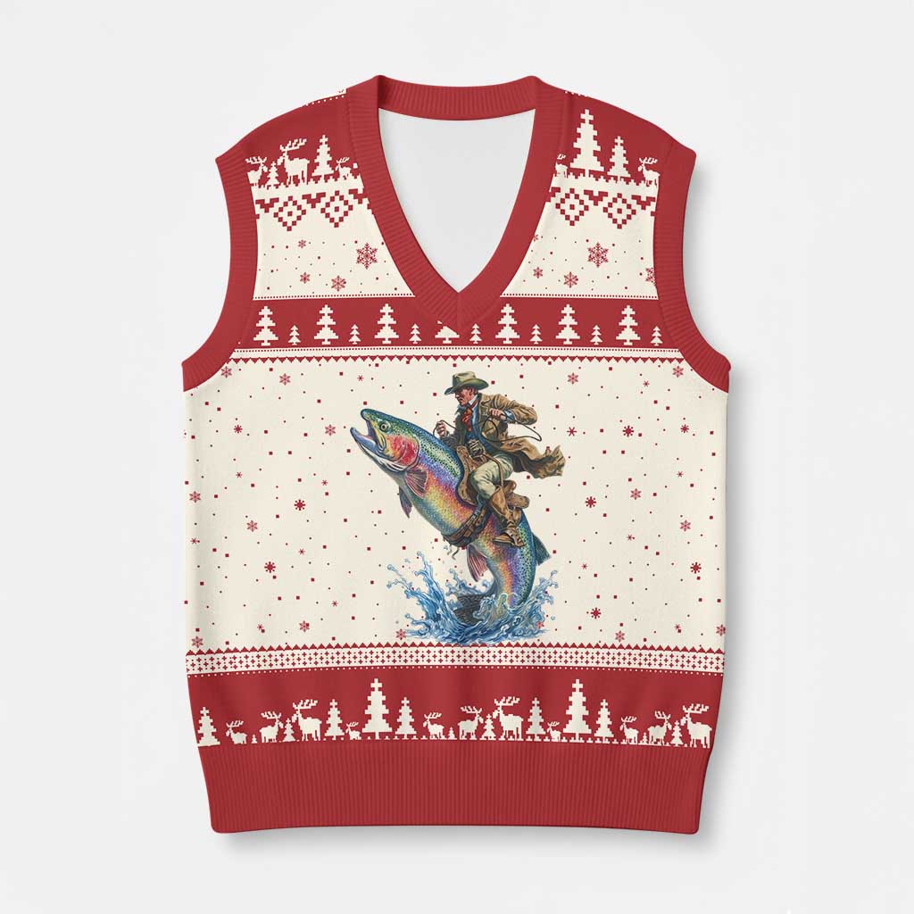 Vintage Cowboy Riding Rainbow Trout V-Neck Knit Sweater Vest Funny Fishing Western Rodeo TS14 Beige Red Print Your Wear