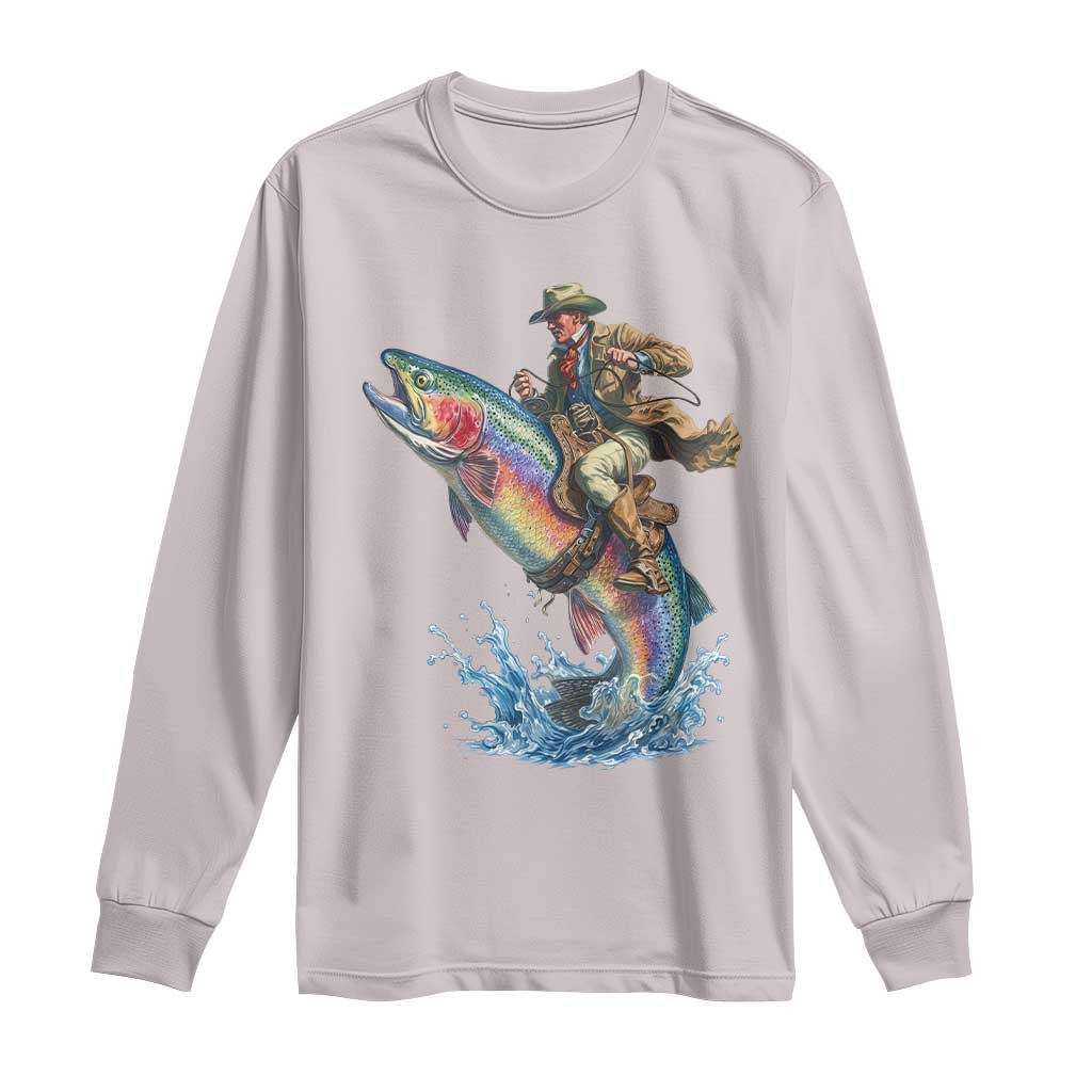 Vintage Cowboy Riding Rainbow Trout Long Sleeve Shirt Funny Fishing Western Rodeo TS14 Ice Gray Print Your Wear