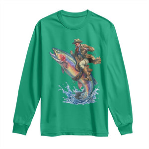Vintage Cowboy Riding Rainbow Trout Long Sleeve Shirt Funny Fishing Western Rodeo TS14 Irish Green Print Your Wear