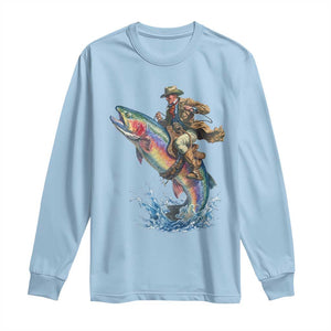 Vintage Cowboy Riding Rainbow Trout Long Sleeve Shirt Funny Fishing Western Rodeo TS14 Light Blue Print Your Wear