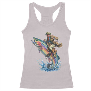 Vintage Cowboy Riding Rainbow Trout Racerback Tank Top Funny Fishing Western Rodeo TS14 Ice Gray Print Your Wear