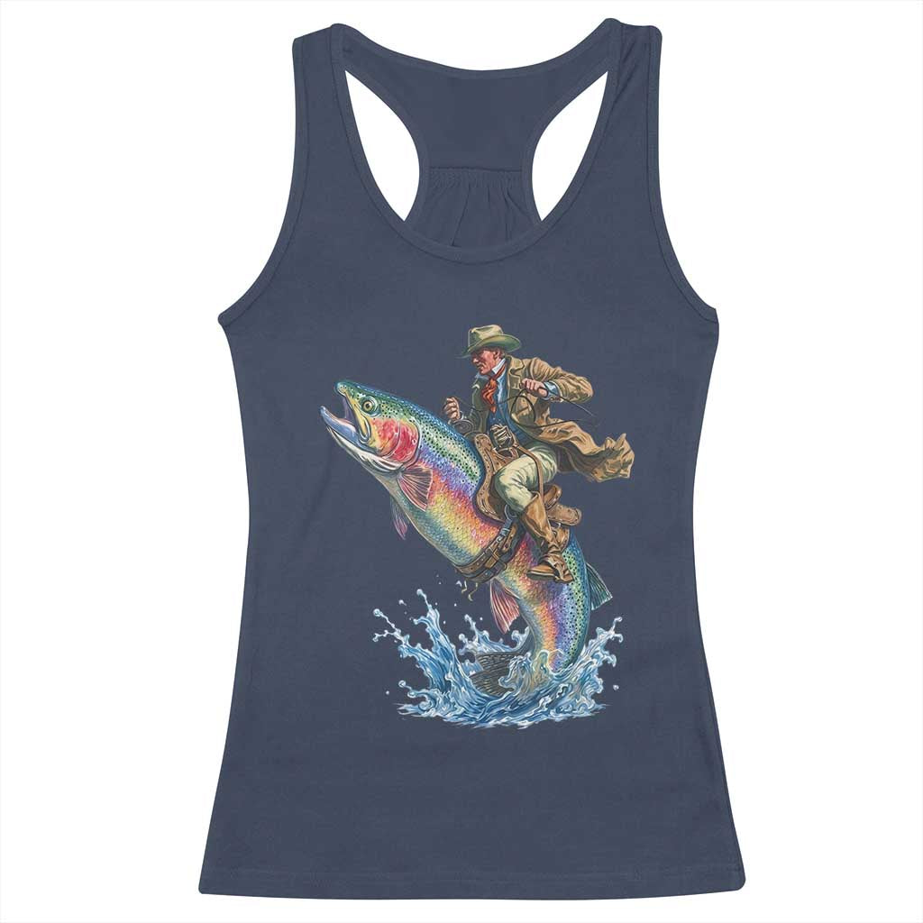 Vintage Cowboy Riding Rainbow Trout Racerback Tank Top Funny Fishing Western Rodeo TS14 Navy Print Your Wear