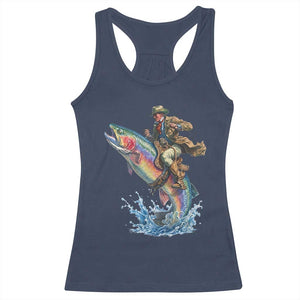Vintage Cowboy Riding Rainbow Trout Racerback Tank Top Funny Fishing Western Rodeo TS14 Navy Print Your Wear