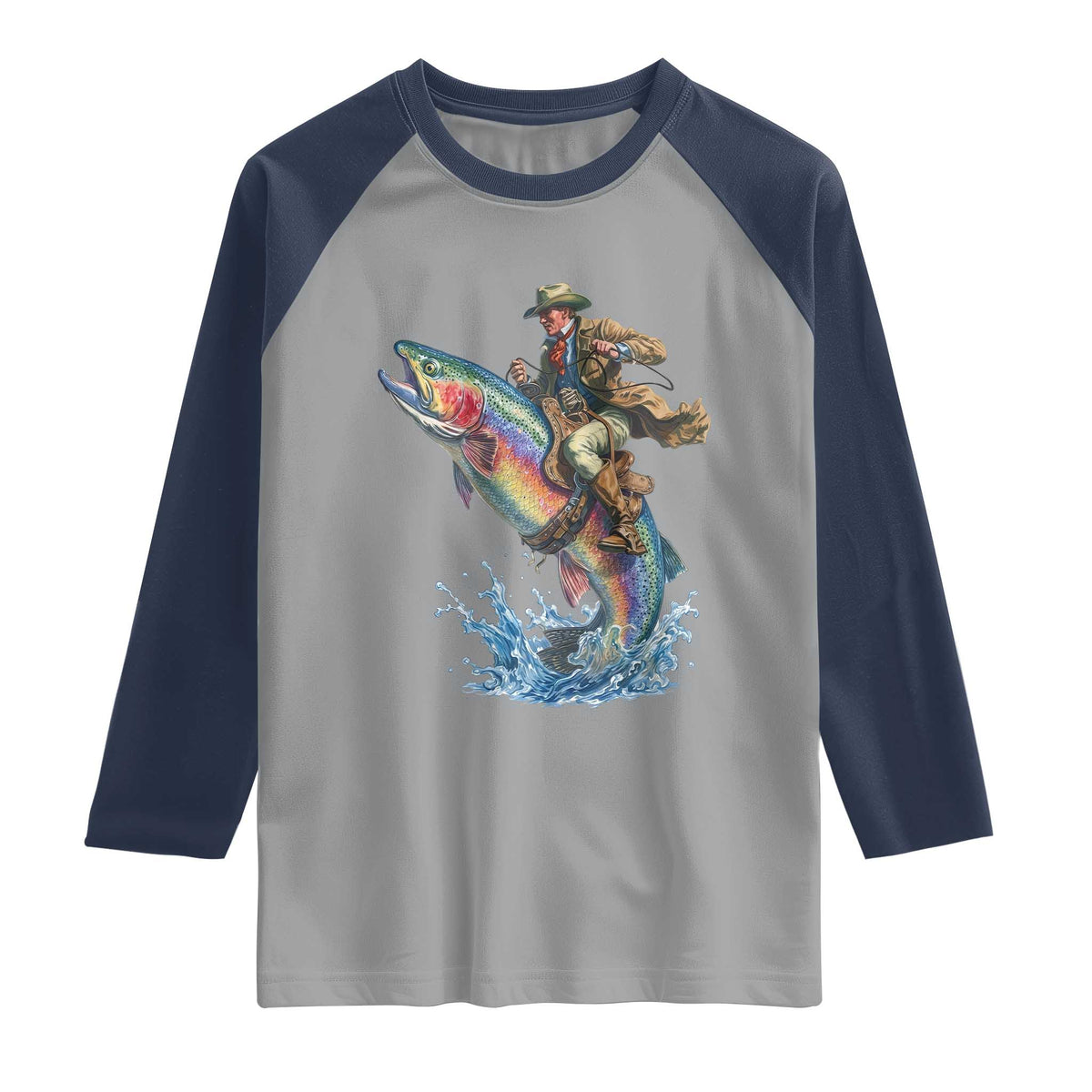 Vintage Cowboy Riding Rainbow Trout Raglan Shirt Funny Fishing Western Rodeo TS14 Sport Gray Navy Print Your Wear
