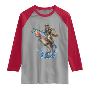 Vintage Cowboy Riding Rainbow Trout Raglan Shirt Funny Fishing Western Rodeo TS14 Sport Gray Red Print Your Wear