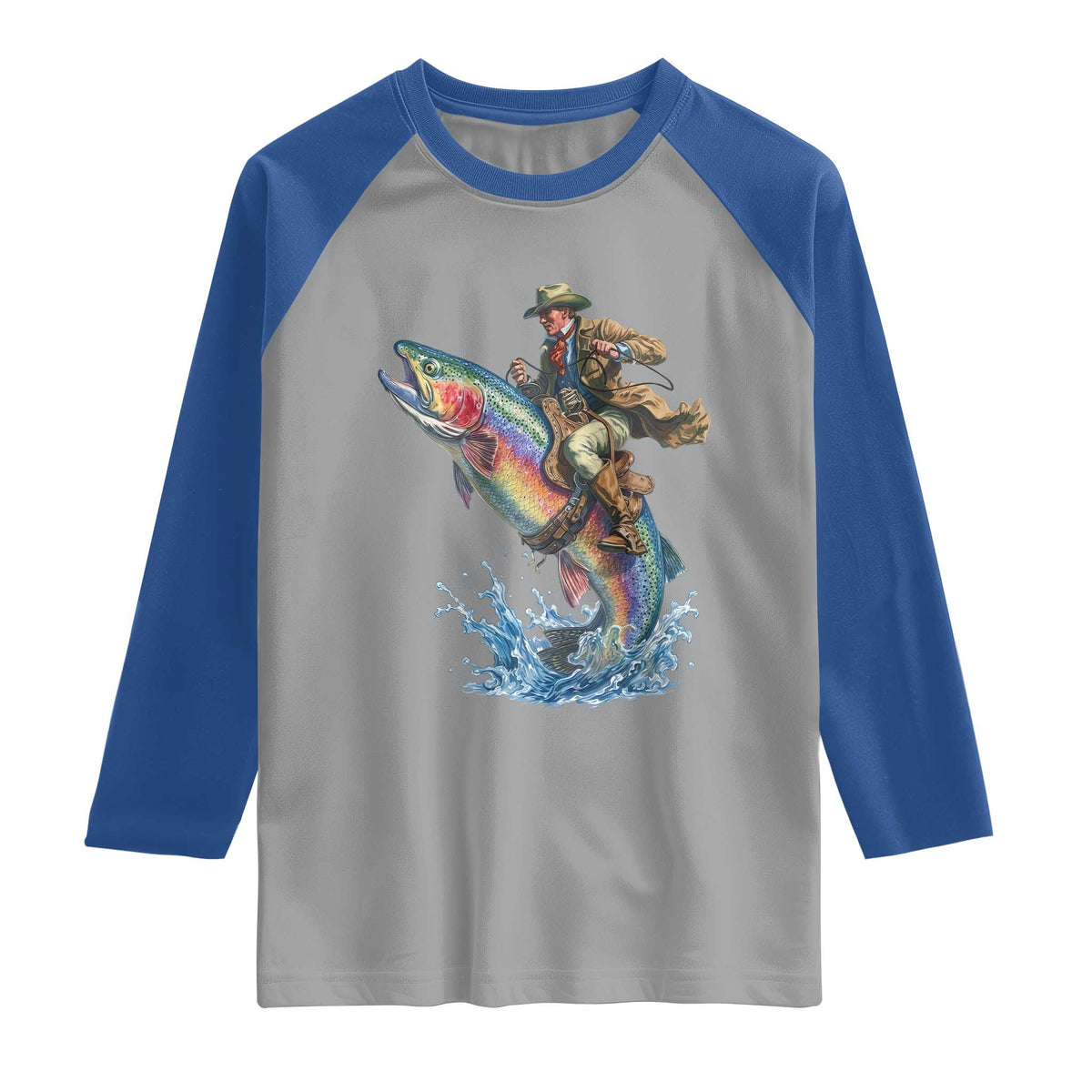 Vintage Cowboy Riding Rainbow Trout Raglan Shirt Funny Fishing Western Rodeo TS14 Sport Gray Royal Print Your Wear