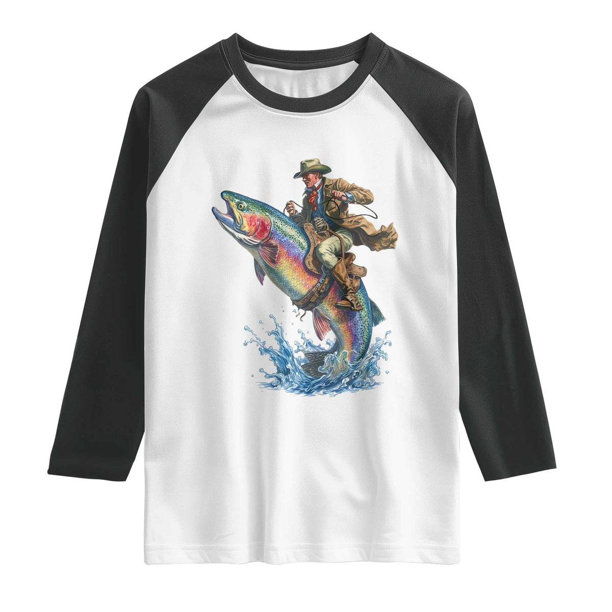 Vintage Cowboy Riding Rainbow Trout Raglan Shirt Funny Fishing Western Rodeo TS14 White Black Print Your Wear