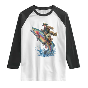 Vintage Cowboy Riding Rainbow Trout Raglan Shirt Funny Fishing Western Rodeo TS14 White Black Print Your Wear