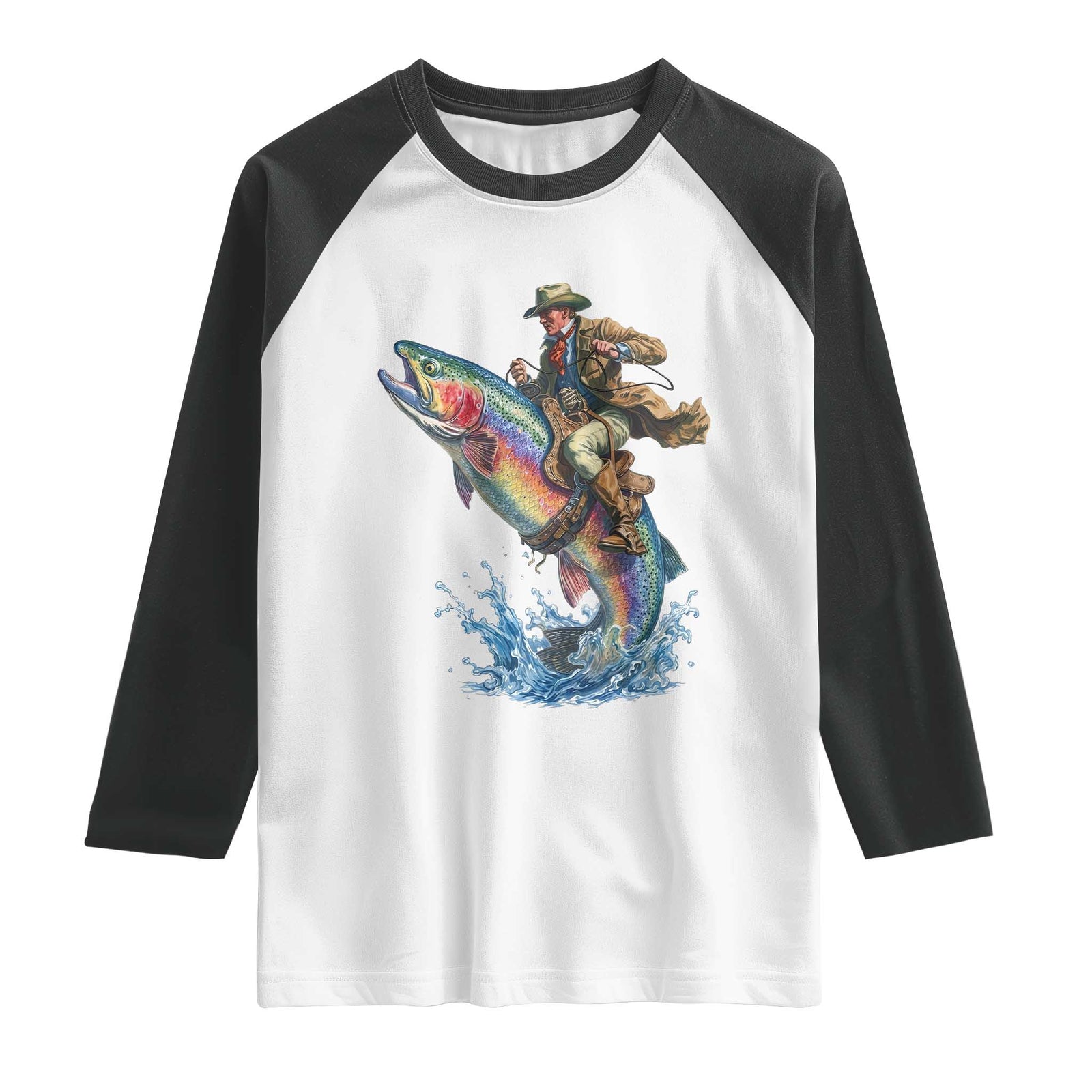Vintage Cowboy Riding Rainbow Trout Raglan Shirt Funny Fishing Western Rodeo TS14 White Black Print Your Wear