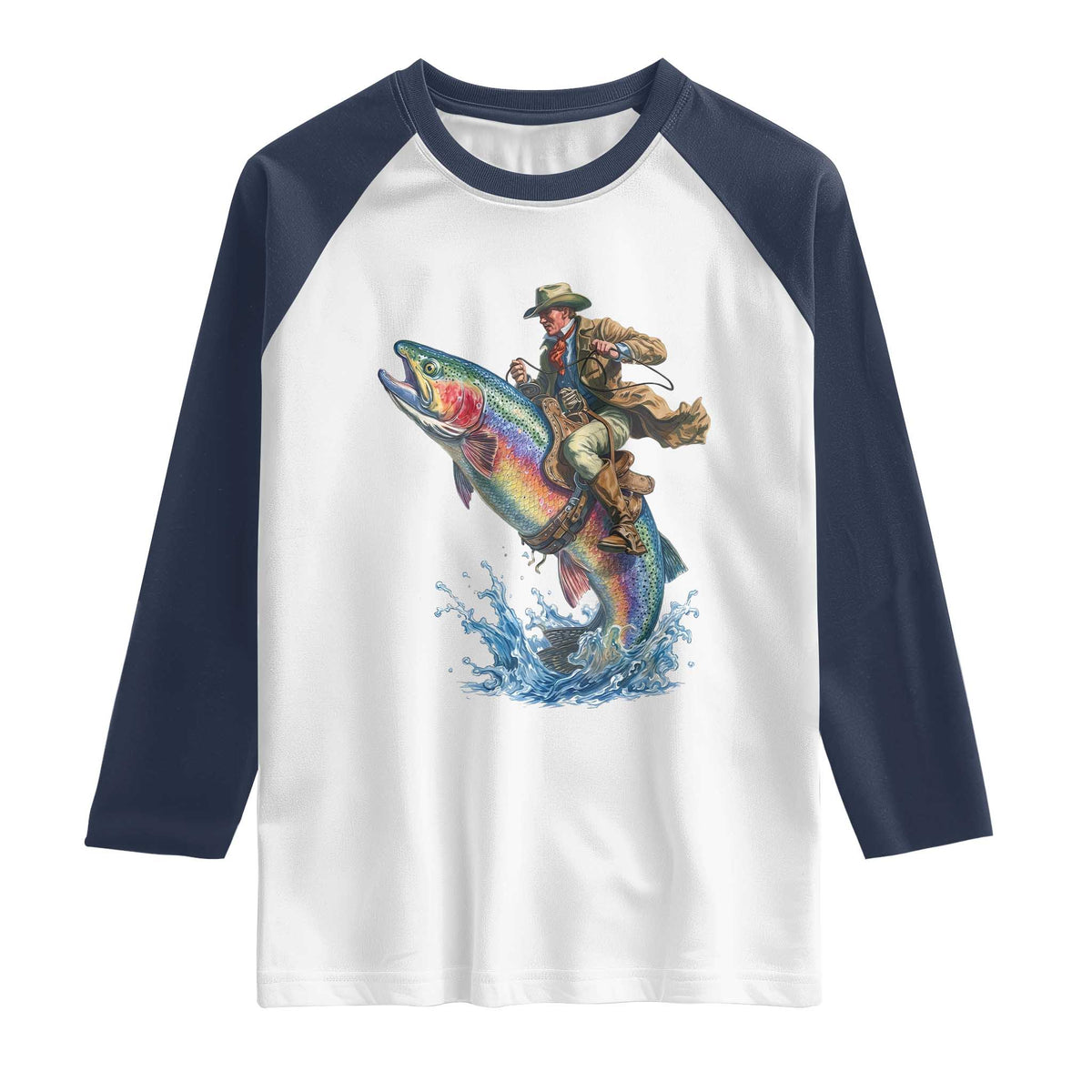 Vintage Cowboy Riding Rainbow Trout Raglan Shirt Funny Fishing Western Rodeo TS14 White Navy Print Your Wear