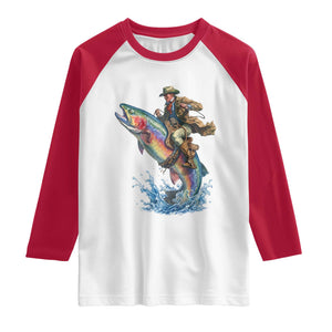 Vintage Cowboy Riding Rainbow Trout Raglan Shirt Funny Fishing Western Rodeo TS14 White Red Print Your Wear