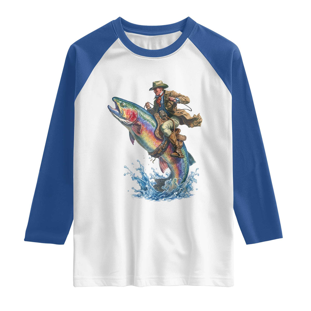 Vintage Cowboy Riding Rainbow Trout Raglan Shirt Funny Fishing Western Rodeo TS14 White Royal Print Your Wear