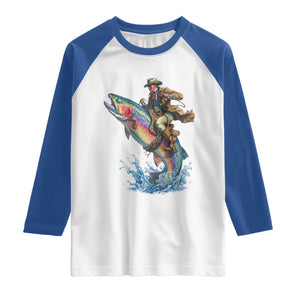 Vintage Cowboy Riding Rainbow Trout Raglan Shirt Funny Fishing Western Rodeo TS14 White Royal Print Your Wear