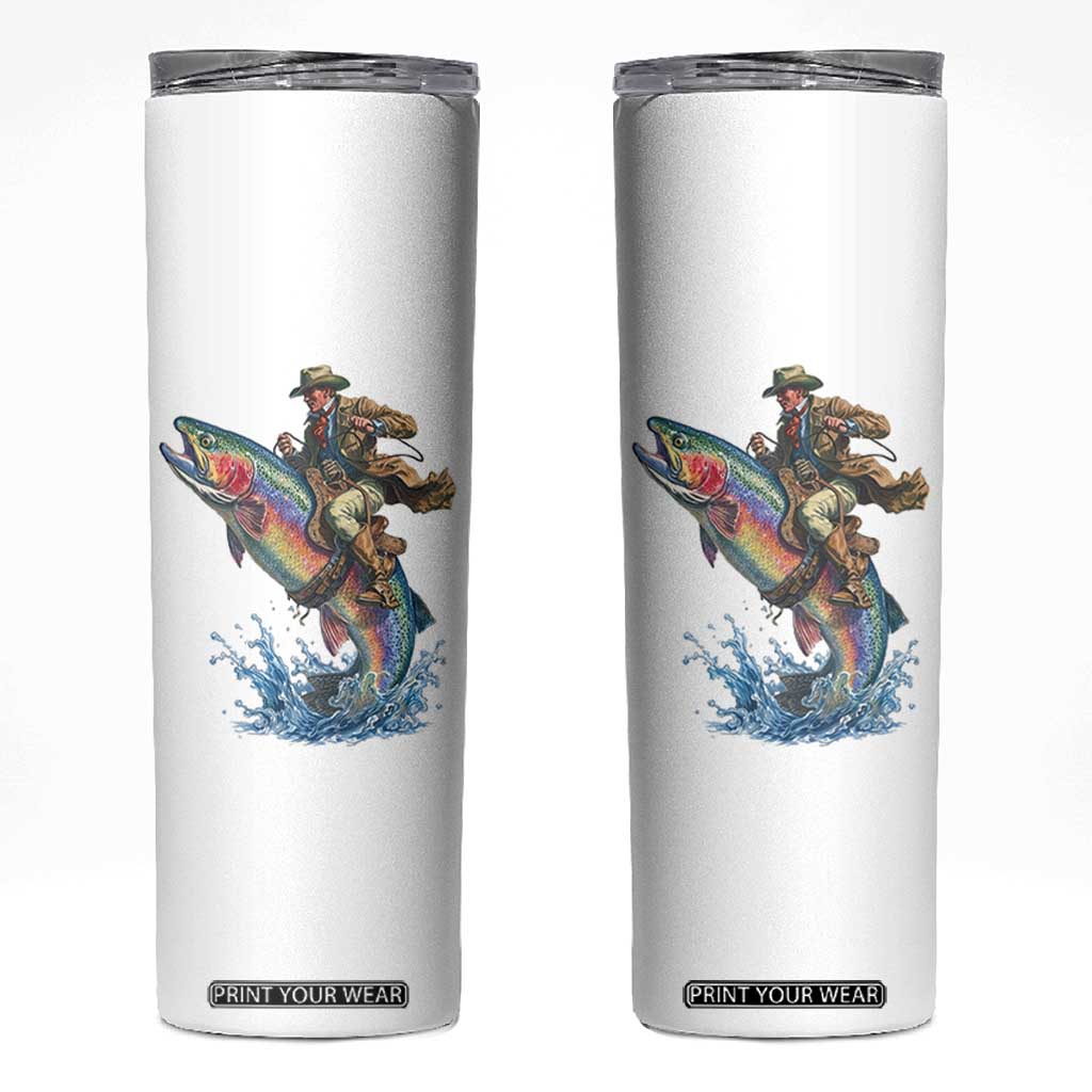 Vintage Cowboy Riding Rainbow Trout Skinny Tumbler Funny Fishing Western Rodeo TS14 White Print Your Wear