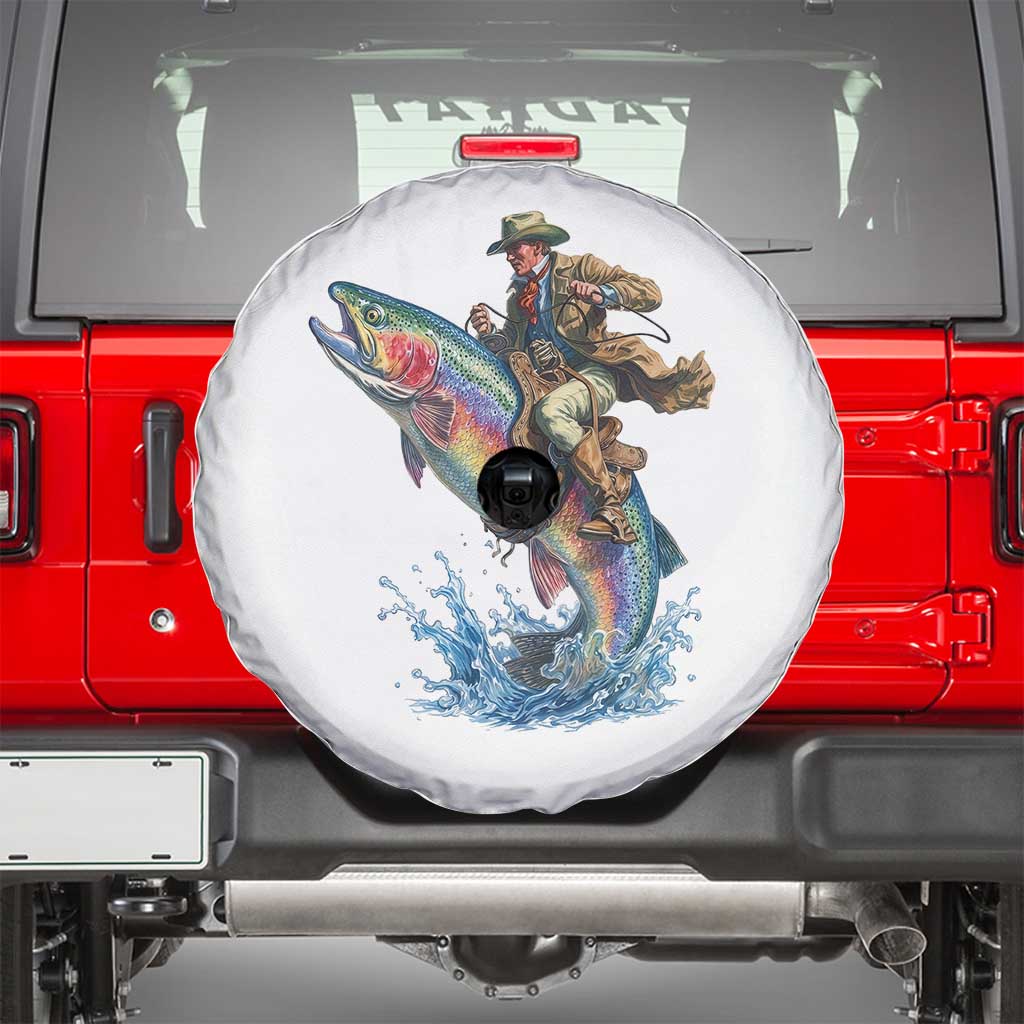 Vintage Cowboy Riding Rainbow Trout Spare Tire Cover Funny Fishing Western Rodeo TS14 White Print Your Wear