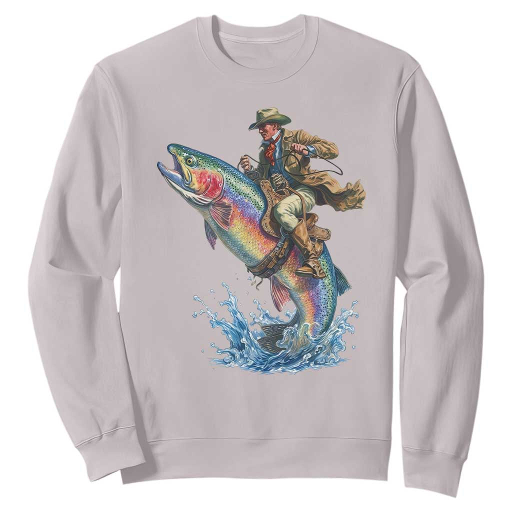 Vintage Cowboy Riding Rainbow Trout Sweatshirt Funny Fishing Western Rodeo TS14 Ice Gray Print Your Wear