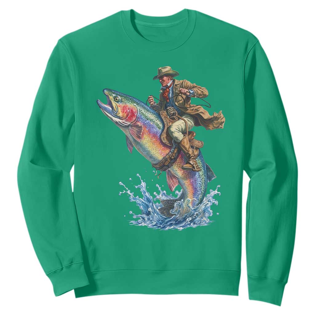 Vintage Cowboy Riding Rainbow Trout Sweatshirt Funny Fishing Western Rodeo TS14 Irish Green Print Your Wear