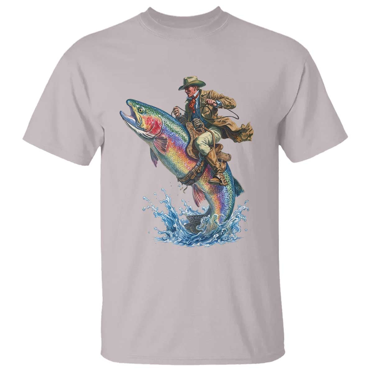 Vintage Cowboy Riding Rainbow Trout T Shirt Funny Fishing Western Rodeo TS14 Ice Gray Print Your Wear