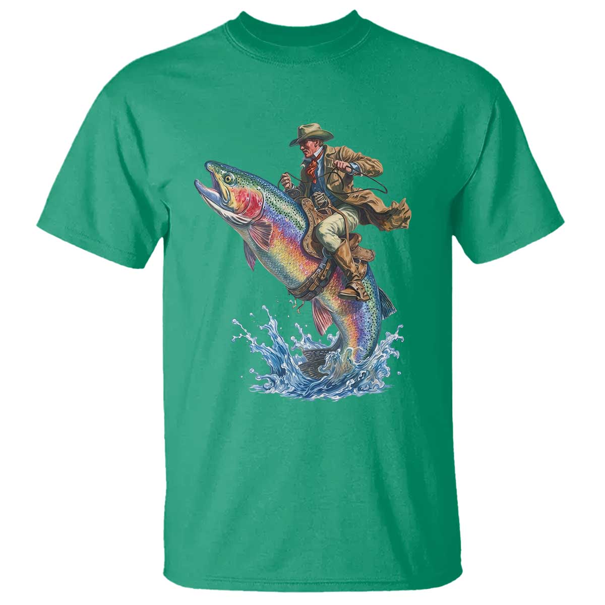 Vintage Cowboy Riding Rainbow Trout T Shirt Funny Fishing Western Rodeo TS14 Irish Green Print Your Wear