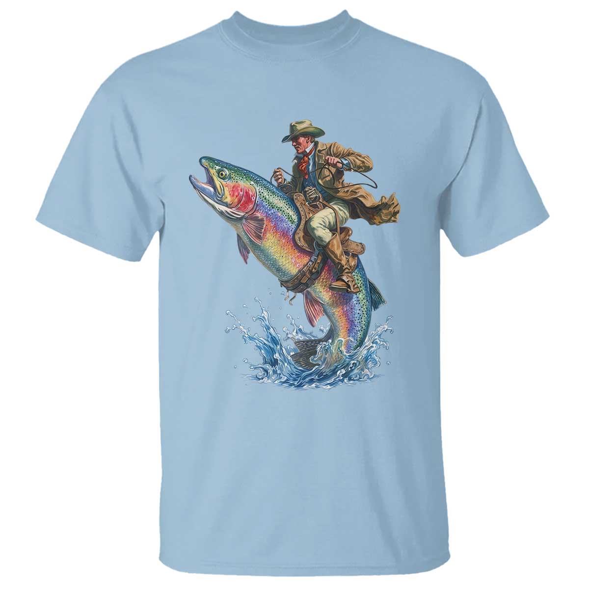 Vintage Cowboy Riding Rainbow Trout T Shirt Funny Fishing Western Rodeo TS14 Light Blue Print Your Wear