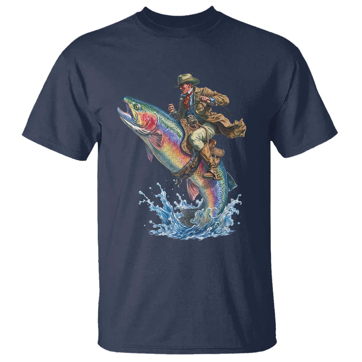 Vintage Cowboy Riding Rainbow Trout T Shirt Funny Fishing Western Rodeo TS14 Navy Print Your Wear