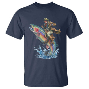 Vintage Cowboy Riding Rainbow Trout T Shirt Funny Fishing Western Rodeo TS14 Navy Print Your Wear