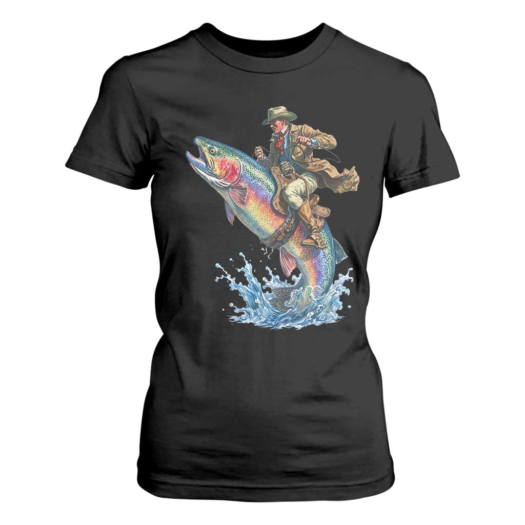 Vintage Cowboy Riding Rainbow Trout T Shirt For Women Funny Fishing Western Rodeo TS14 Black Print Your Wear