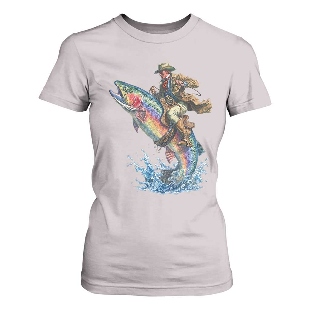 Vintage Cowboy Riding Rainbow Trout T Shirt For Women Funny Fishing Western Rodeo TS14 Ice Gray Print Your Wear