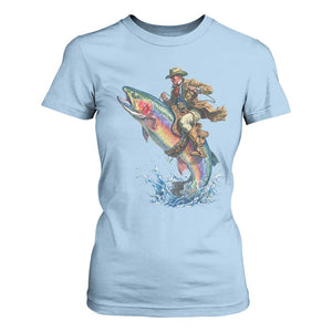 Vintage Cowboy Riding Rainbow Trout T Shirt For Women Funny Fishing Western Rodeo TS14 Light Blue Print Your Wear