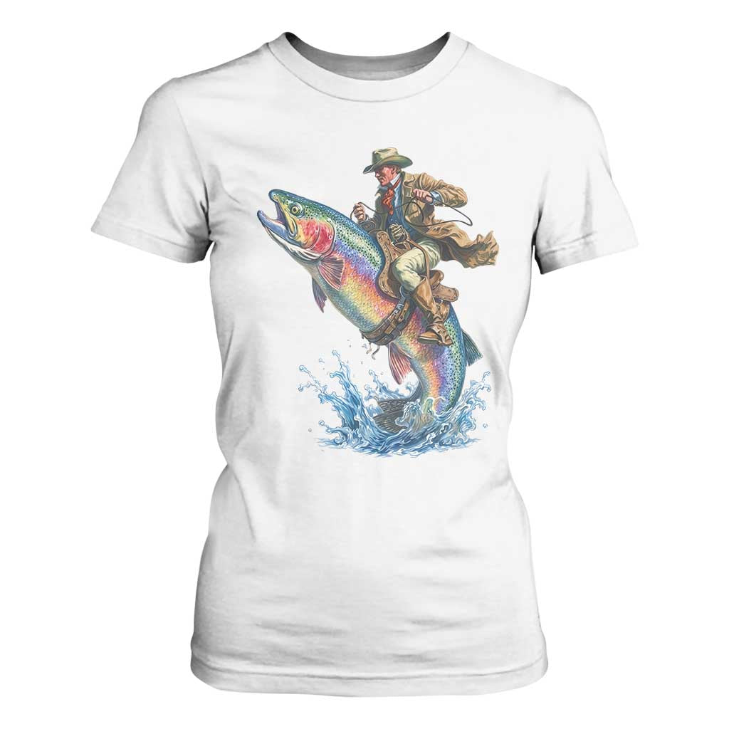 Vintage Cowboy Riding Rainbow Trout T Shirt For Women Funny Fishing Western Rodeo TS14 White Print Your Wear