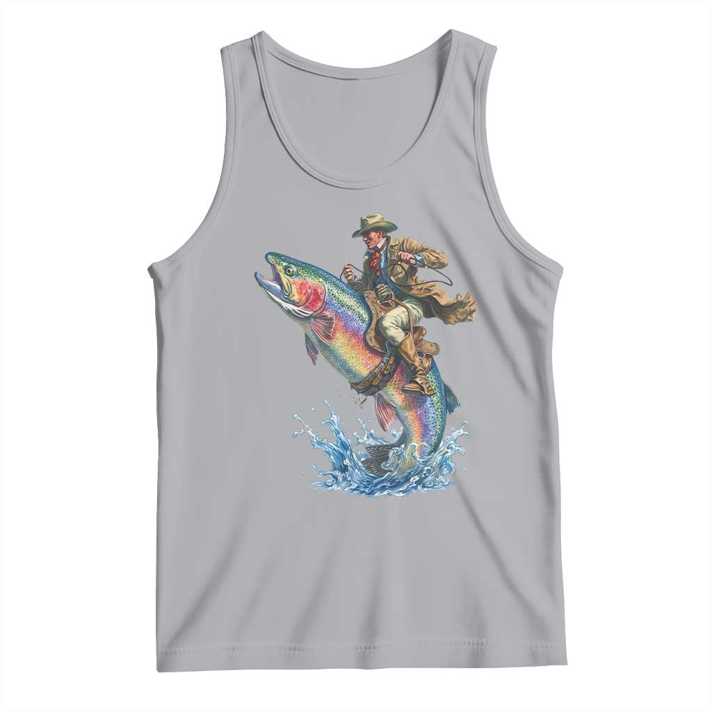 Vintage Cowboy Riding Rainbow Trout Tank Top Funny Fishing Western Rodeo TS14 Athletic Heather Print Your Wear