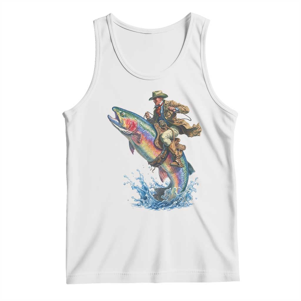 Vintage Cowboy Riding Rainbow Trout Tank Top Funny Fishing Western Rodeo TS14 White Print Your Wear