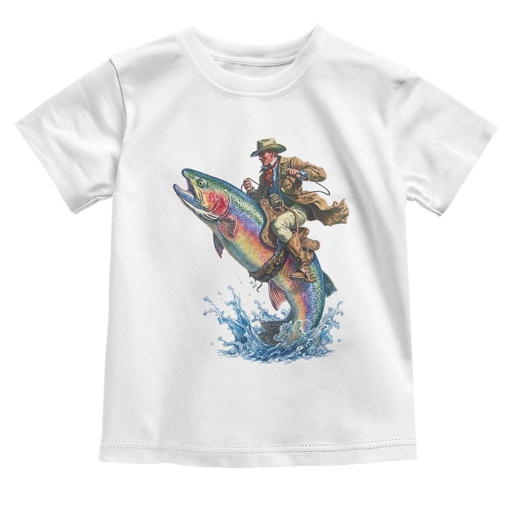 Vintage Cowboy Riding Rainbow Trout Toddler T Shirt Funny Fishing Western Rodeo TS14 White Print Your Wear