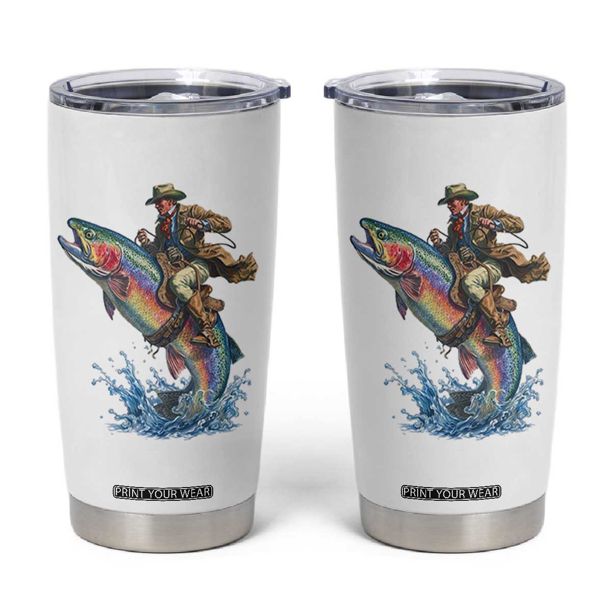 Vintage Cowboy Riding Rainbow Trout Tumbler Cup Funny Fishing Western Rodeo TS14 White Print Your Wear