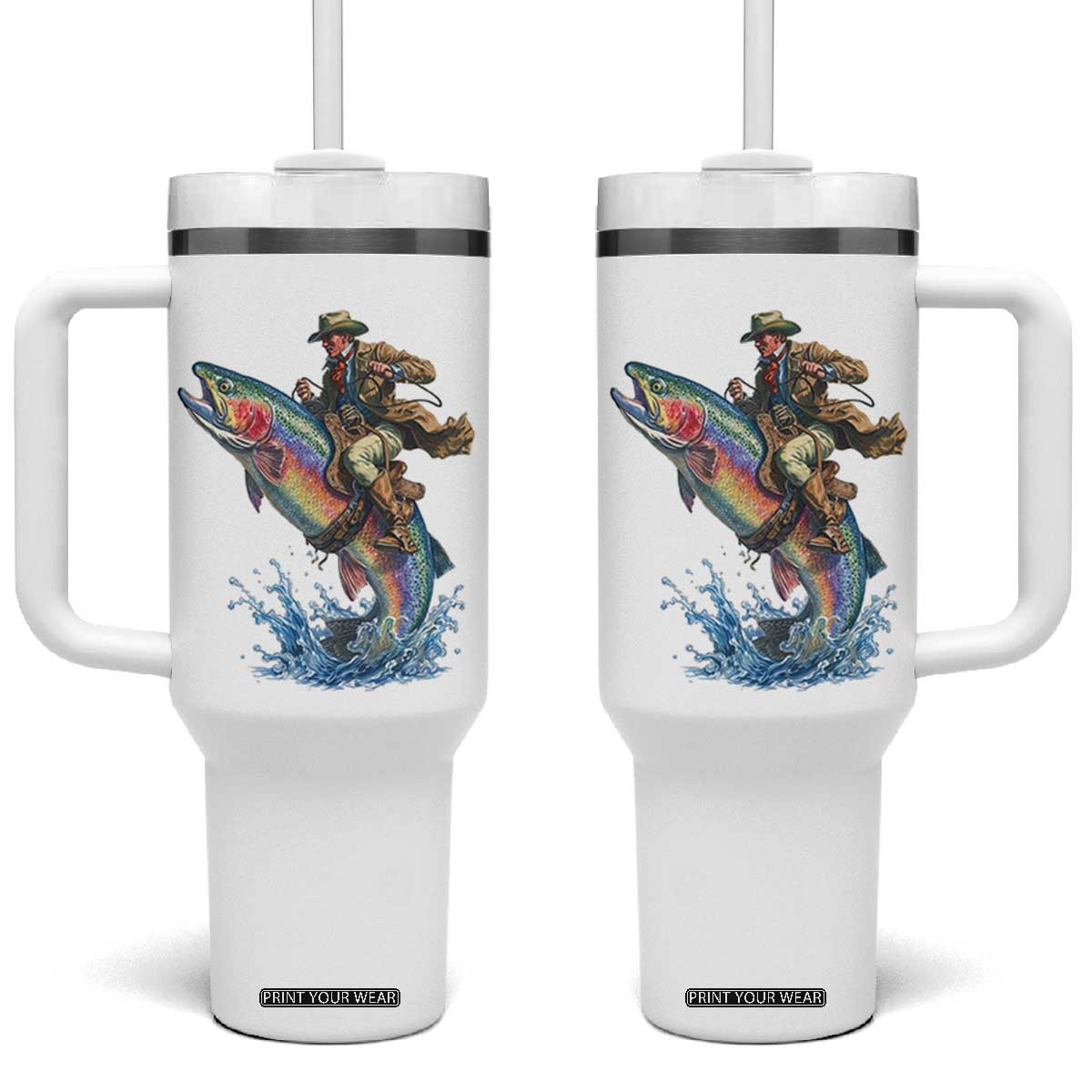 Vintage Cowboy Riding Rainbow Trout Tumbler With Handle Funny Fishing Western Rodeo TS14 One Size: 40 oz White Print Your Wear