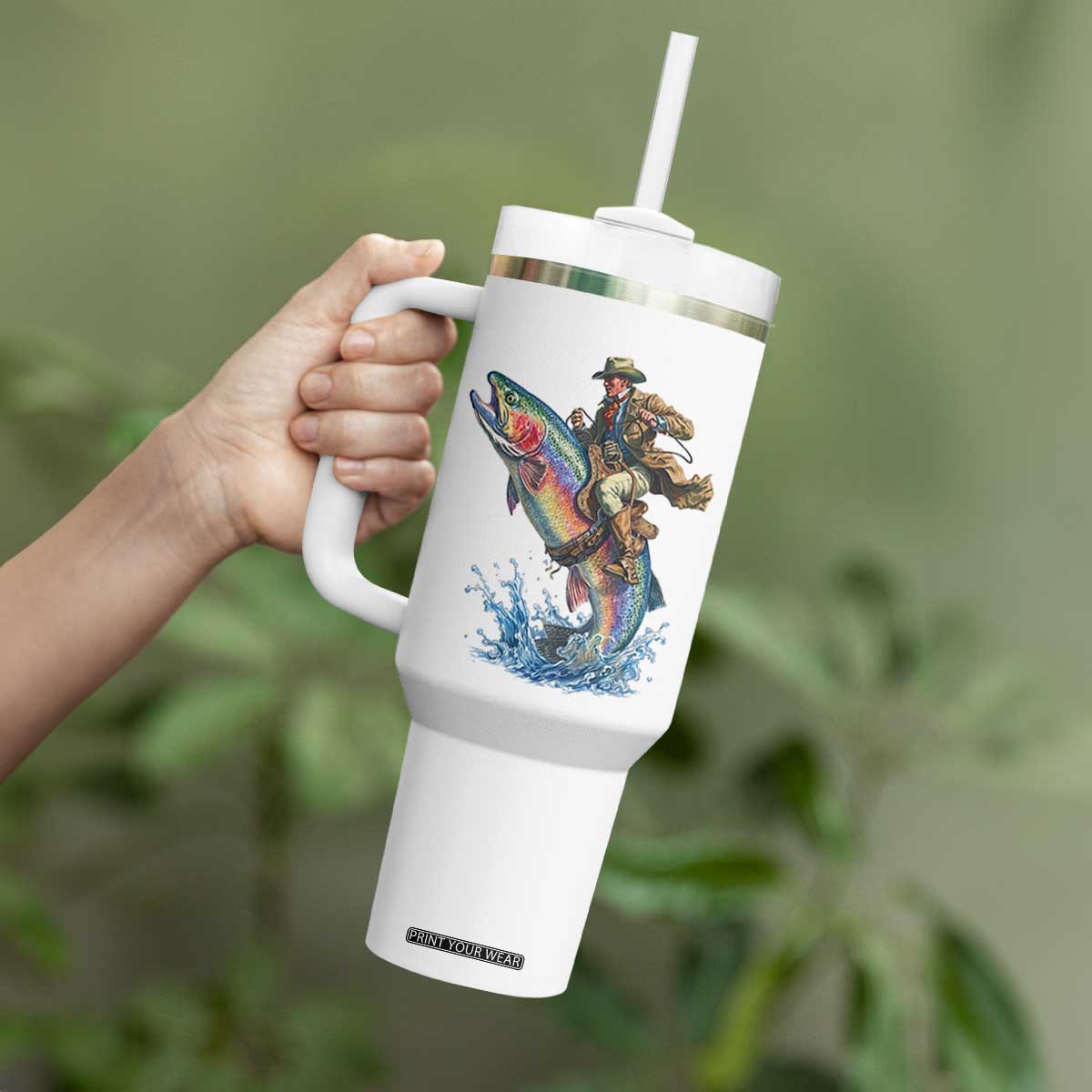 Vintage Cowboy Riding Rainbow Trout Tumbler With Handle Funny Fishing Western Rodeo TS14 Print Your Wear