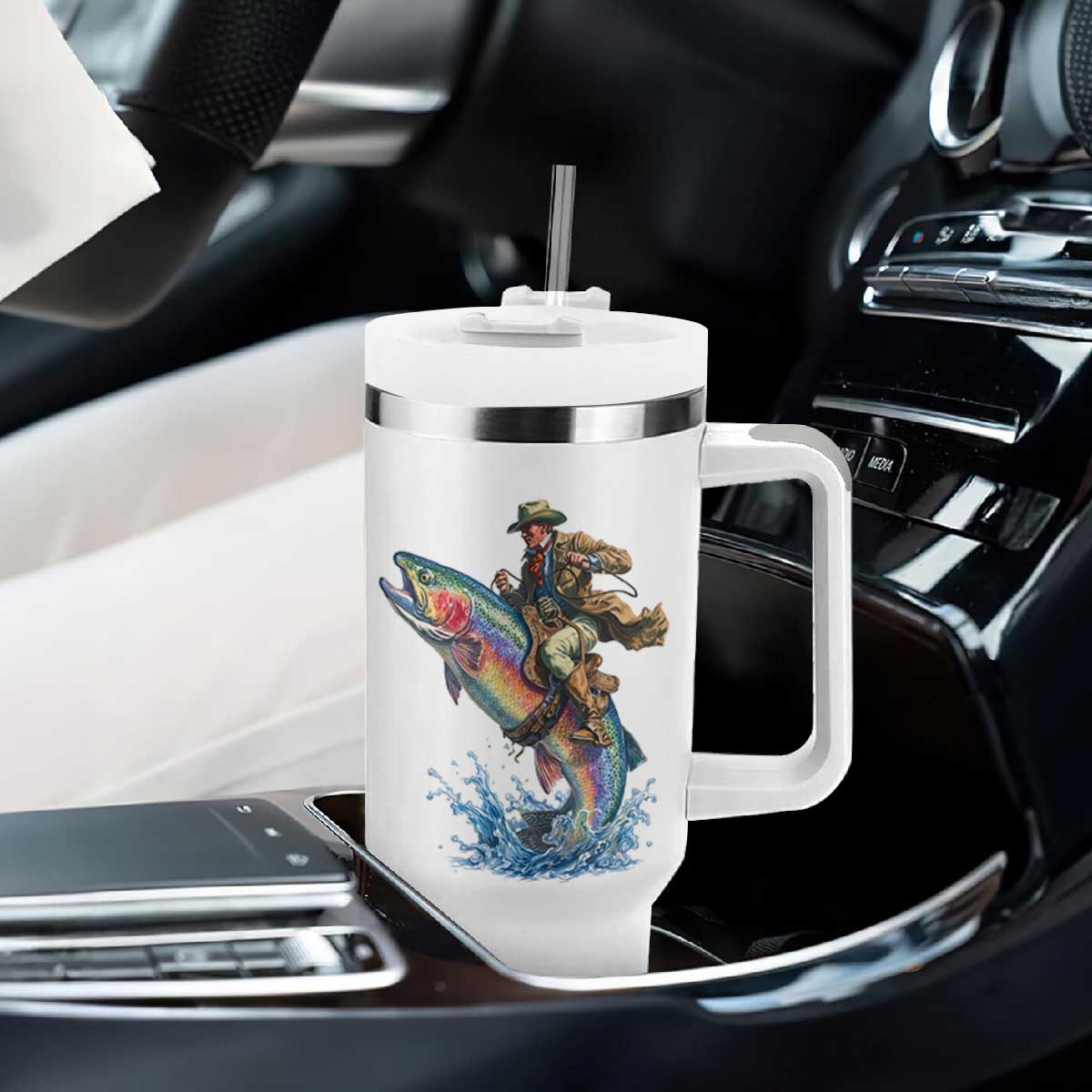 Vintage Cowboy Riding Rainbow Trout Tumbler With Handle Funny Fishing Western Rodeo TS14 Print Your Wear