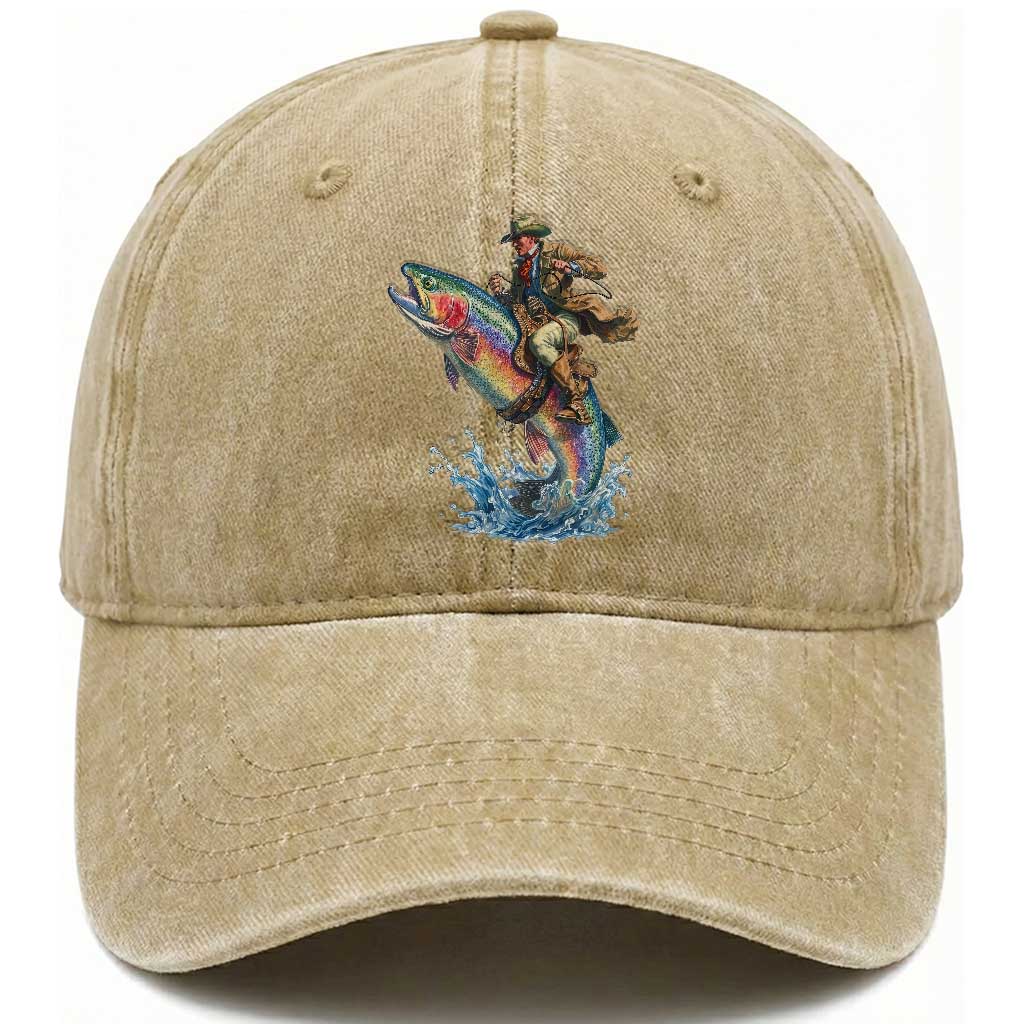 Vintage Cowboy Riding Rainbow Trout Washed Cotton Baseball Cap Funny Fishing Western Rodeo TS14 Print Your Wear