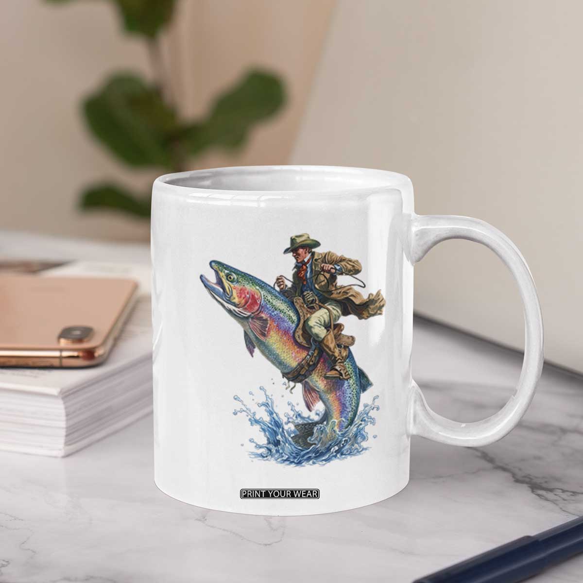 Vintage Cowboy Riding Rainbow Trout Coffee Mug Funny Fishing Western Rodeo TS14 Print Your Wear