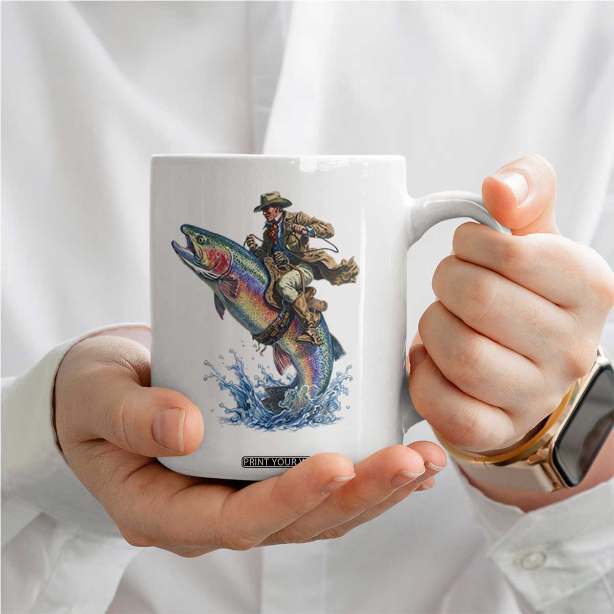 Vintage Cowboy Riding Rainbow Trout Coffee Mug Funny Fishing Western Rodeo TS14 Print Your Wear