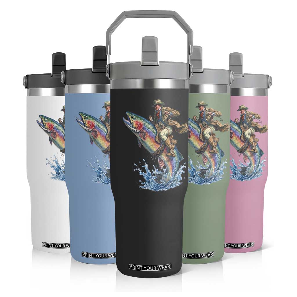Vintage Cowboy Riding Rainbow Trout Flip Straw Tumbler Funny Fishing Western Rodeo TS14 Print Your Wear