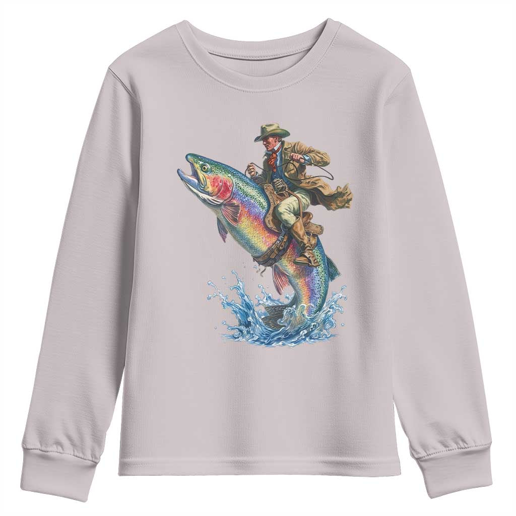 Vintage Cowboy Riding Rainbow Trout Youth Sweatshirt Funny Fishing Western Rodeo TS14 Ice Gray Print Your Wear