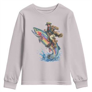 Vintage Cowboy Riding Rainbow Trout Youth Sweatshirt Funny Fishing Western Rodeo TS14 Ice Gray Print Your Wear