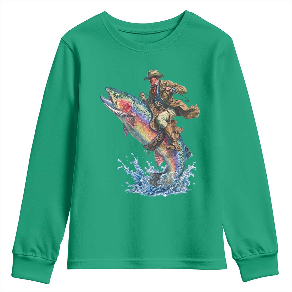Vintage Cowboy Riding Rainbow Trout Youth Sweatshirt Funny Fishing Western Rodeo TS14 Irish Green Print Your Wear